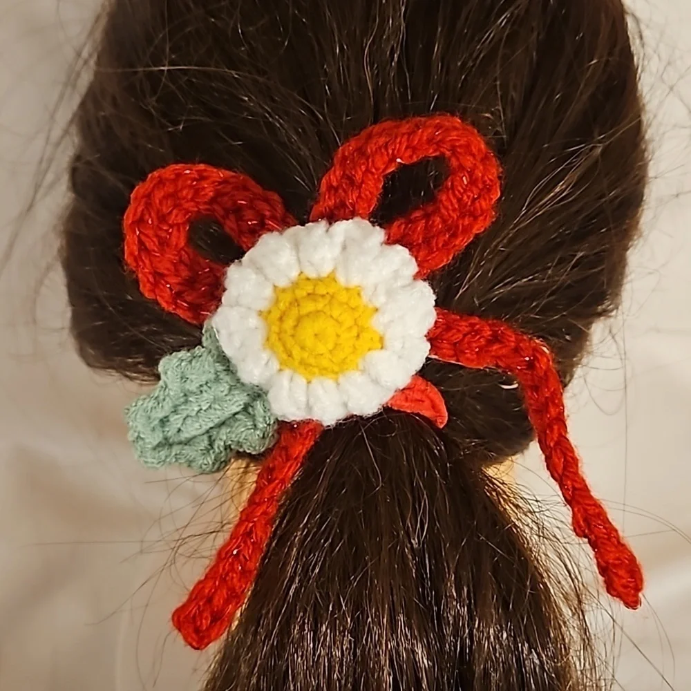 Hand Crafted Hand Knit Crochet Red Bow Barrete Hair Clip white and yellow flower